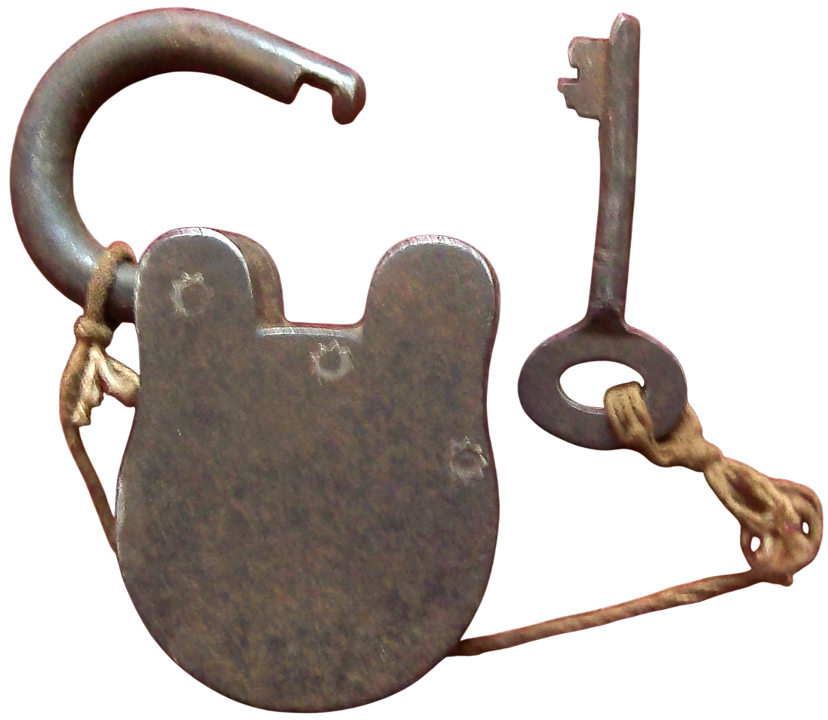 Colonial-era iron treasury padlock showing forged shackle and riveted body