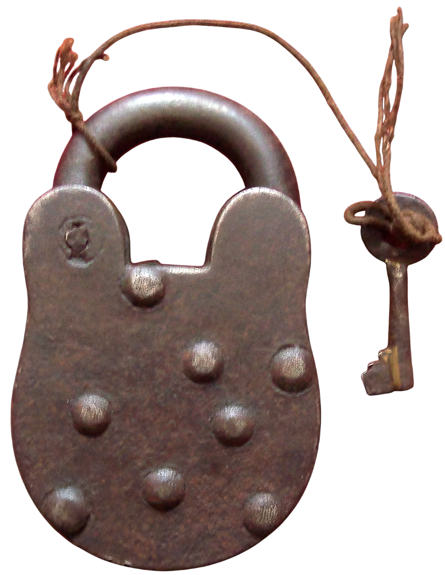 Hand-forged antique iron padlock showing domed rivets and thick shackle