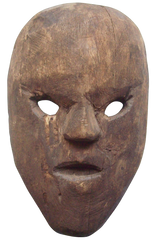“Hand-carved wooden folk mask – front view showing minimalist tribal-style carving and natural wood texture.”