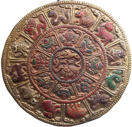 Tibetan Brass Zodiac Wheel Plaque – Hand-Cast, Multi-Color Ritual Wall Amulet (12.5 cm, 132 g)