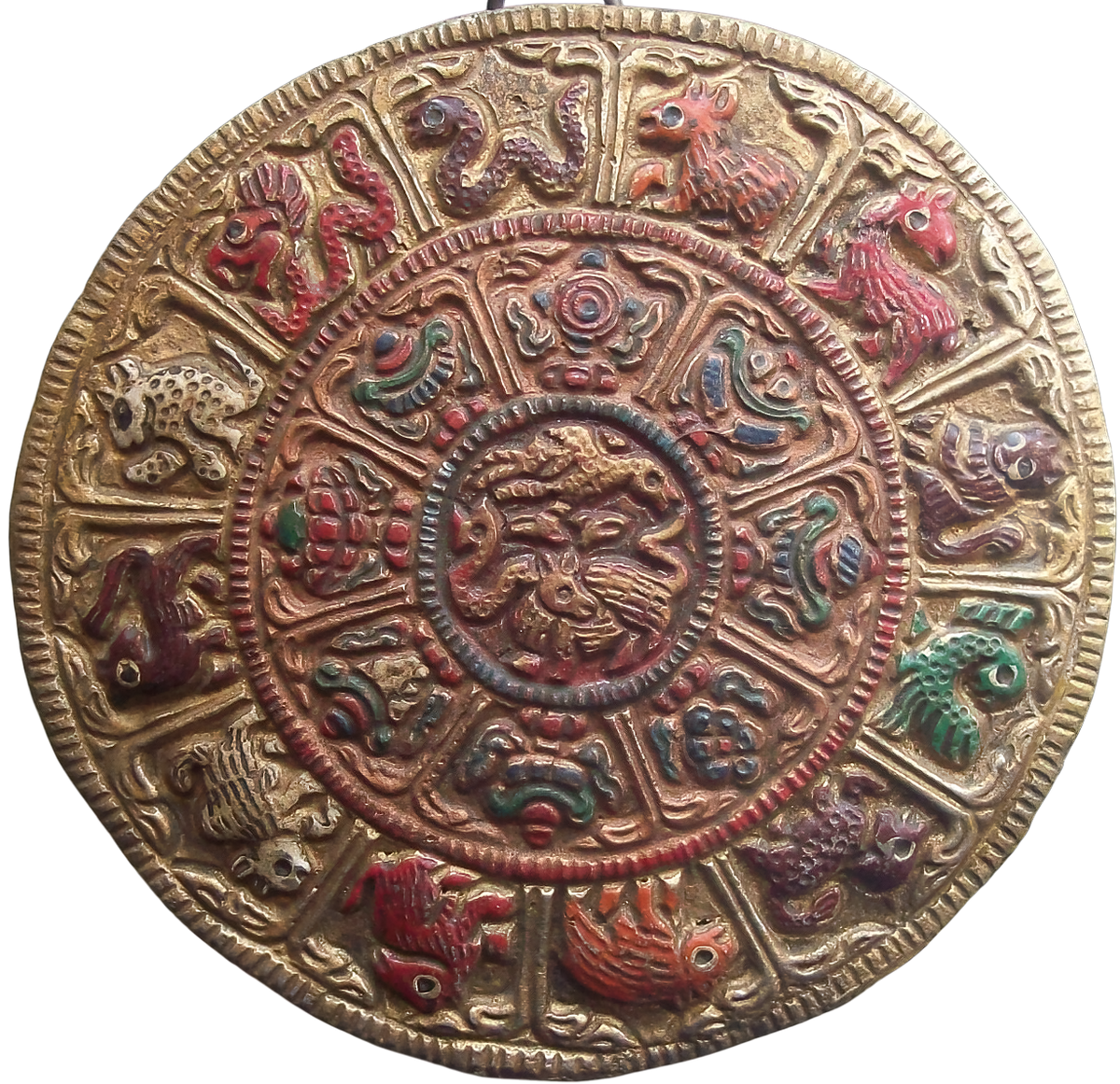 Tibetan Brass Zodiac Wheel Plaque – Hand-Cast, Multi-Color Ritual Wall Amulet (12.5 cm, 132 g)