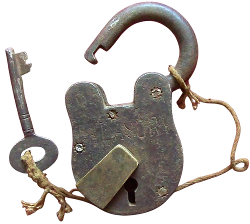 Antique colonial iron padlock stamped “TREASURY” with original key, South Asia, c. 1900