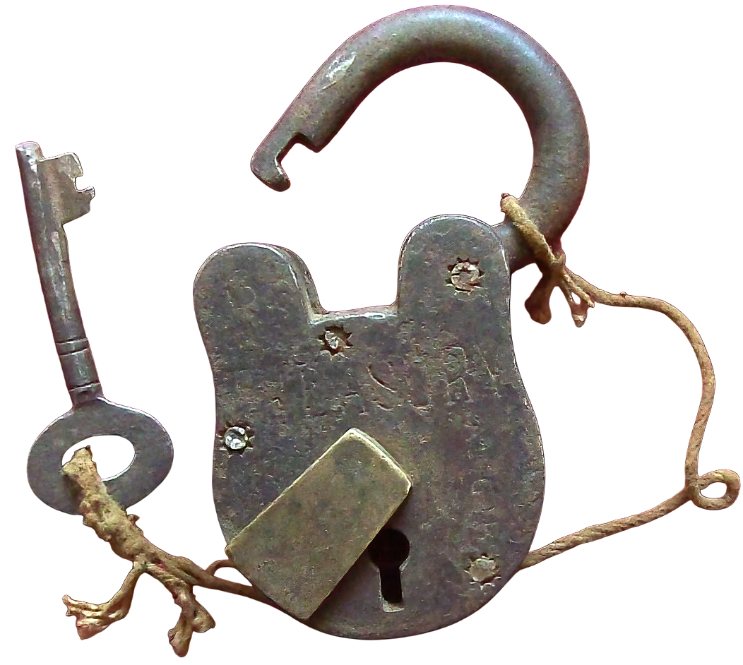 Antique colonial iron padlock stamped “TREASURY” with original key, South Asia, c. 1900