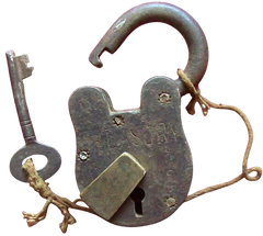 Antique colonial iron padlock stamped “TREASURY” with original key, South Asia, c. 1900