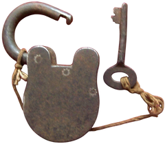 Colonial-era iron treasury padlock showing forged shackle and riveted body