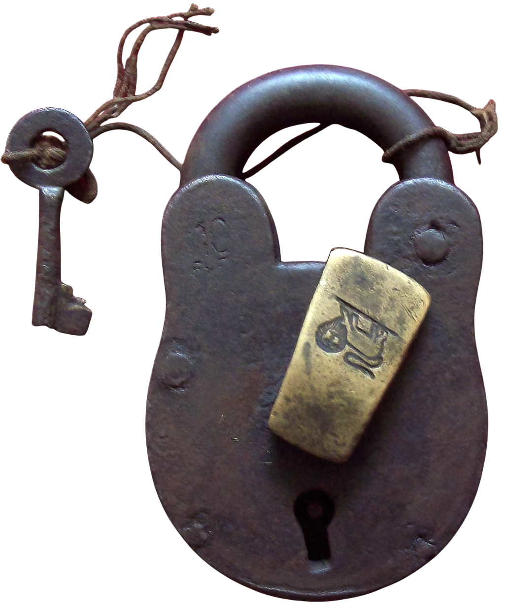 Large antique iron padlock with lion motif keyhole cover, South Asia, c. 1800–1850
