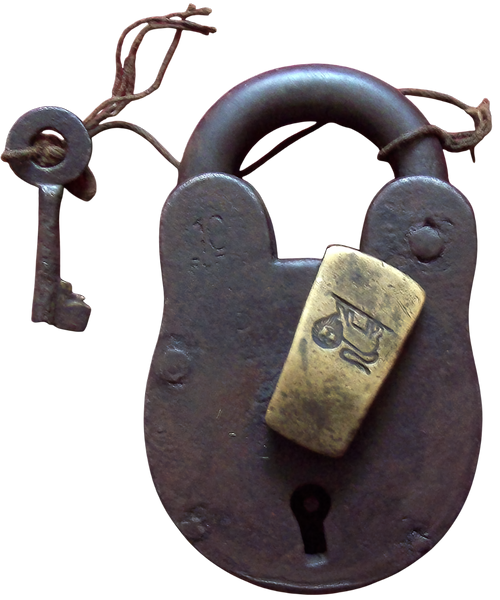Large antique iron padlock with lion motif keyhole cover, South Asia, c. 1800–1850