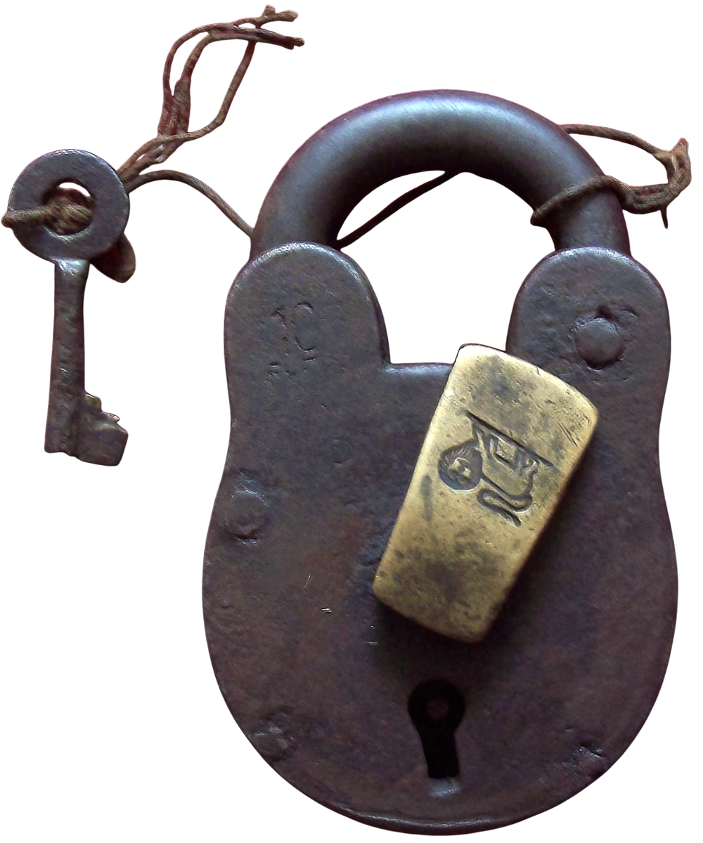 Large antique iron padlock with lion motif keyhole cover, South Asia, c. 1800–1850