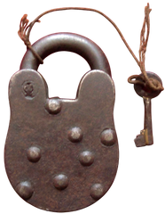 Hand-forged antique iron padlock showing domed rivets and thick shackle